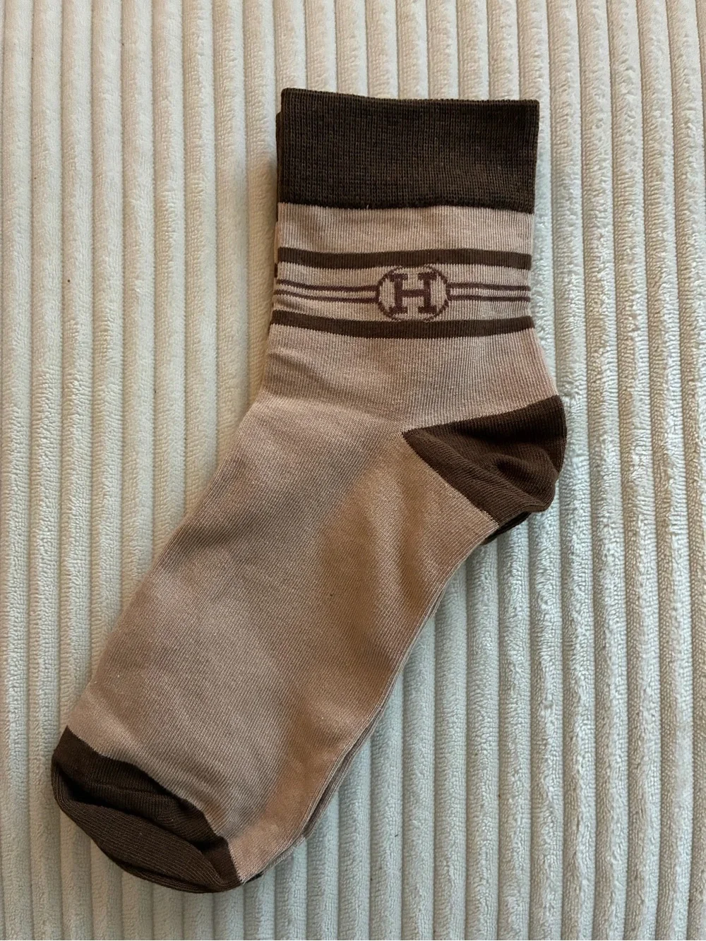 Hermes Beige and Brown Logo Crew Socks